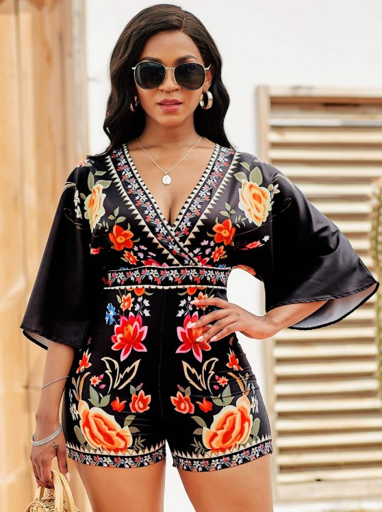 Floral Print Tie Back V Neck Romper