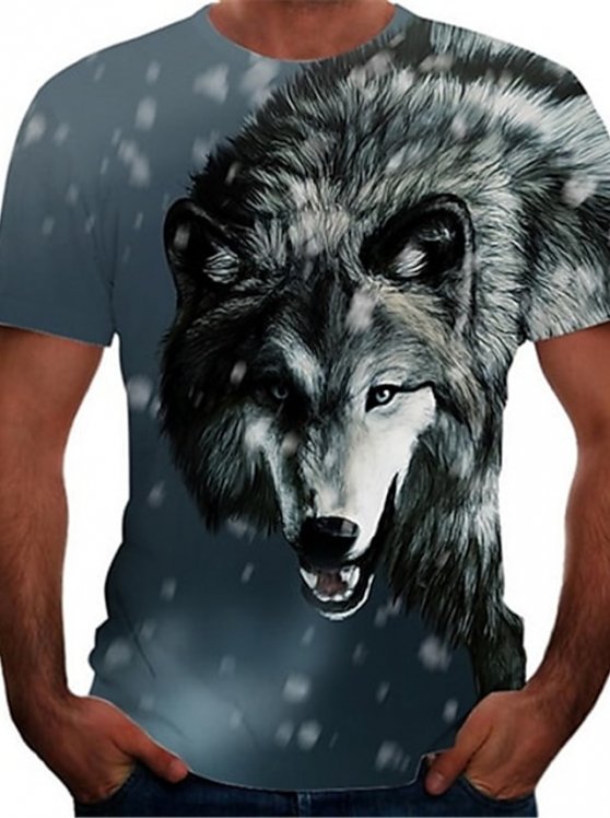 Wolf Casual Mens 3D Shirt | Grey Summer Cotton | Men'S Tee Graphic Animal Crew Neck Gray 3D Print Plus Size Street Causal Short Sleeve Clothing Apparel Active