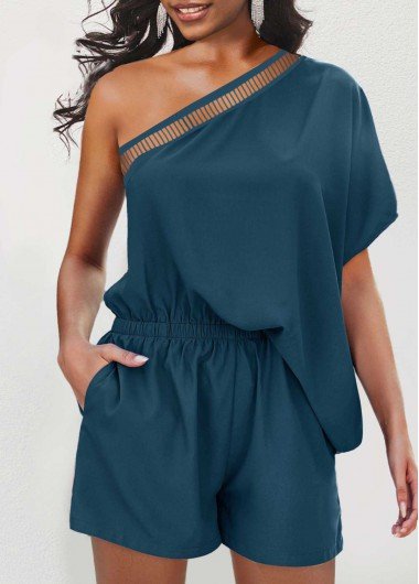 Peacock Blue One Shoulder Pocket Romper