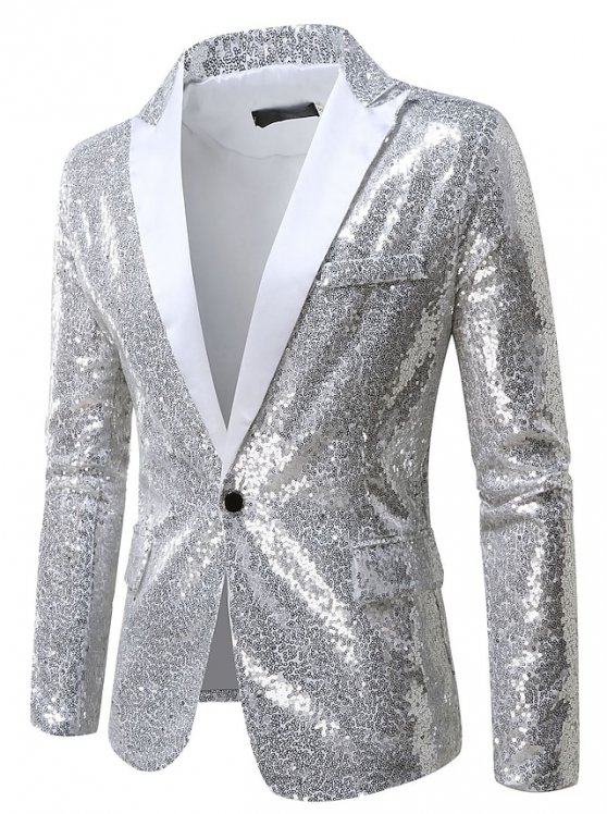 Male Blazer Party / Cocktail Bar Reflective Logo Sequin All Seasons Sequin Traditional / Classic Lapel Regular Silver White Dark Navy Green Rainbow Jacket