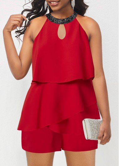 Asymmetry Red Round Neck Sleeveless Romper