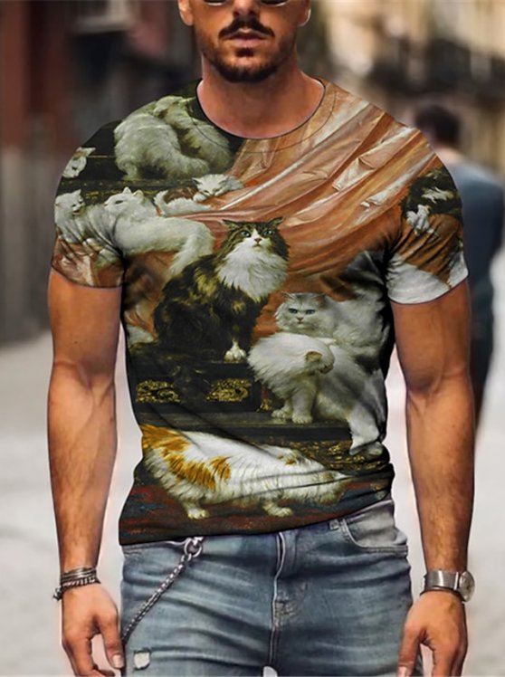 Cats Casual Mens 3D Shirt | Black Summer Cotton | Men'S Tee Funny Shirts Animal Crew Neck 3D Print Plus Size Daily Short Sleeve Clothing Apparel Designer Basic Slim Fit Big