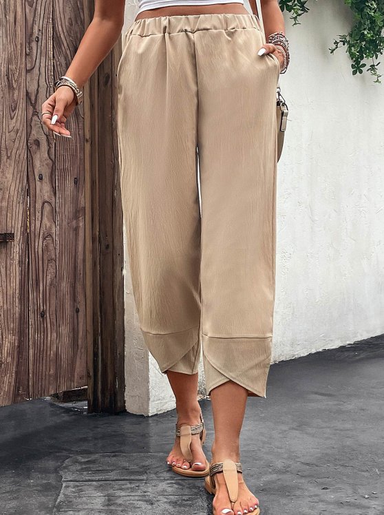 Pocket Light Camel Elastic Waist High Waisted Pants