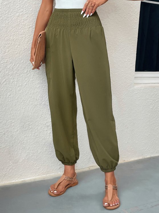Smocked Blackish Green Regular Elastic Waist Pants