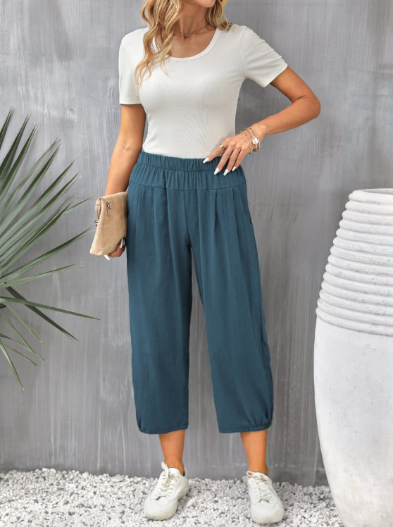 Pocket Peacock Blue Elastic Waist Pants