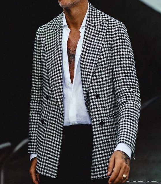 Men's Jacket Blazer Wedding Dailywear Windproof Pocket Retro Winter Plaid / Check Streetwear Casual Turndown Regular Regular Fit White+Black Jacket