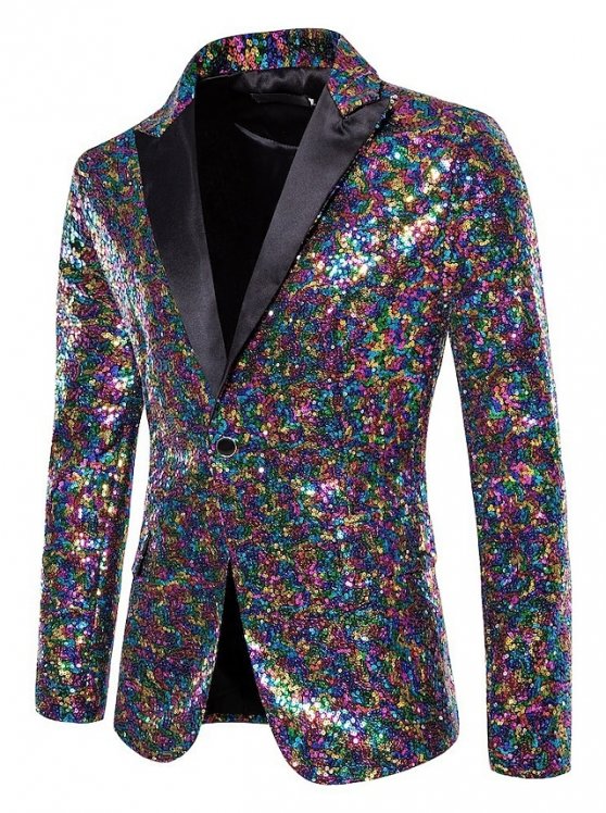 Male Blazer Party / Cocktail Bar Reflective Logo Sequin All Seasons Sequin Traditional / Classic Lapel Regular Silver White Dark Navy Green Rainbow Jacket