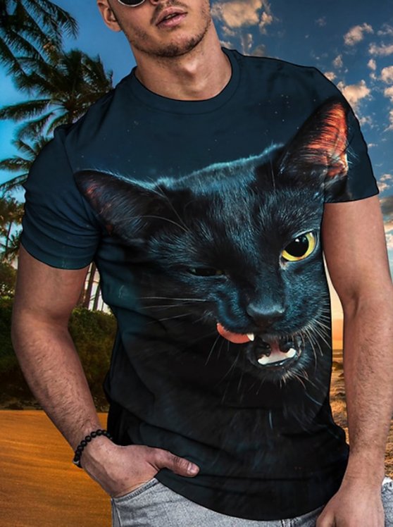 Cats Casual Mens 3D Shirt | Black Summer Cotton | Men'S Tee Funny Shirts Animal Crew Neck 3D Print Plus Size Daily Short Sleeve Clothing Apparel Designer Basic Slim Fit Big