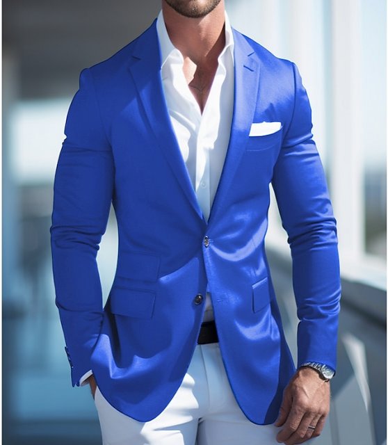 Men's Suits Cocktail Attire Blazer Business Formal Evening Wedding Party Fashion Casual Spring & Fall Polyester Plain Pocket Casual / Daily Single Breasted Blazer Pink Blue Dark Blue