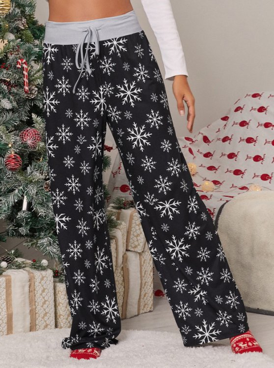 Drawstring Christmas Print Black Drawastring Pants