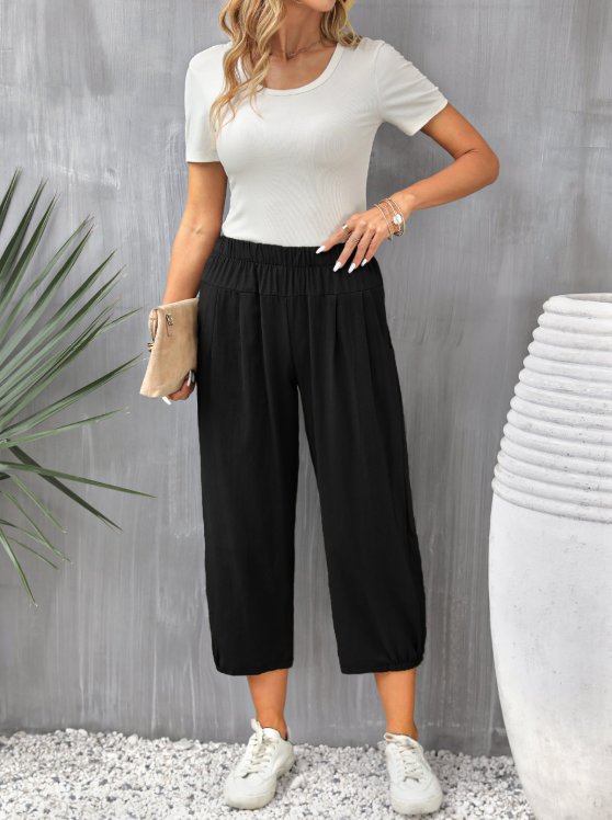 Pocket Black Elastic Waist High Waisted Pants