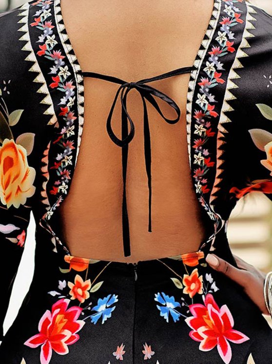 Floral Print Tie Back V Neck Romper