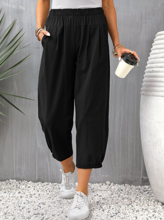 Pocket Black Elastic Waist High Waisted Pants