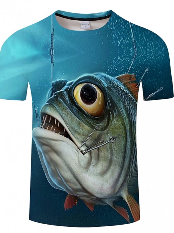 Fish T-Shirt Mens 3D Shirt For Fishing | Blue Summer Cotton | Men'S Unisex Tee Funny Shirts Animal Graphic Prints Crew Neck 3D Plus Size Casual Daily Short