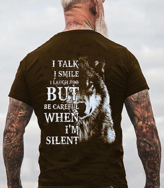 I Talk Smile Laugh Too But Be Careful When 'M Silent Mens 3D Shirt | Black Winter Cotton | Men'S Tee Graphic Animal Wolf Crew Neck Clothing Apparel 3D Print Outdoor Casual Short Sleeve Fashion