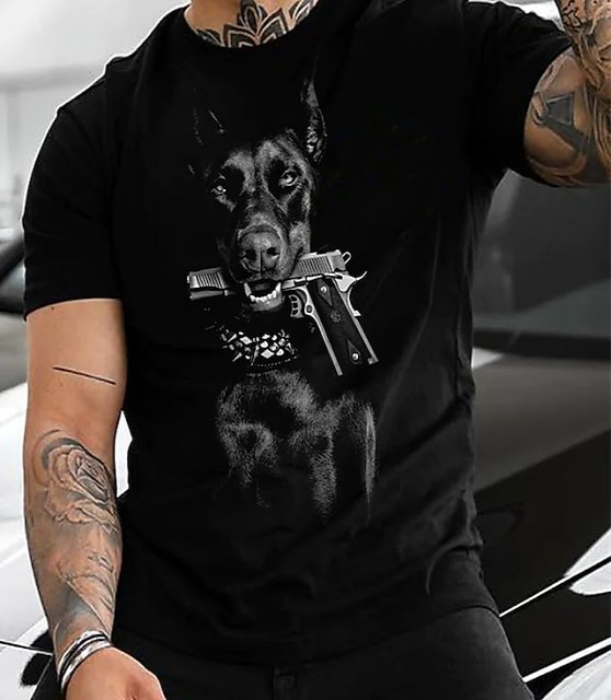 Dog Street Mens 3D Shirt | Black Summer Cotton | Men'S Tee Animal Round Neck Yellow 3D Print Plus Size Party Daily Short Sleeve Clothing Apparel Streetwear Chic &