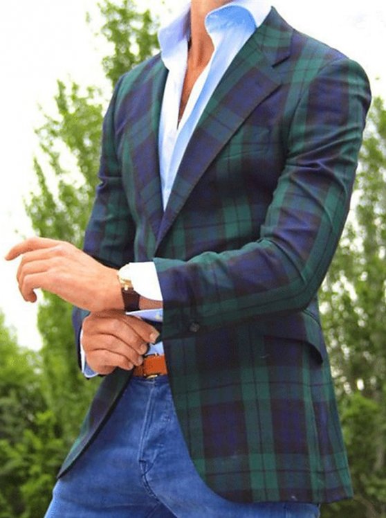 Men's Suits Blazer Business Formal Evening Wedding Party Fashion Casual Spring &  Fall Polyester Plaid / Check Geometry Pocket Casual / Daily Single Breasted Blazer Green
