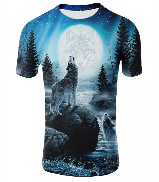 Men's Hipster Wolf 3d Printed T-shirt Printing Short Sleeve Fashion Summer Tee (blue, 2xl) 3D Animal Plus Size Round Neck Daily Holiday Tops