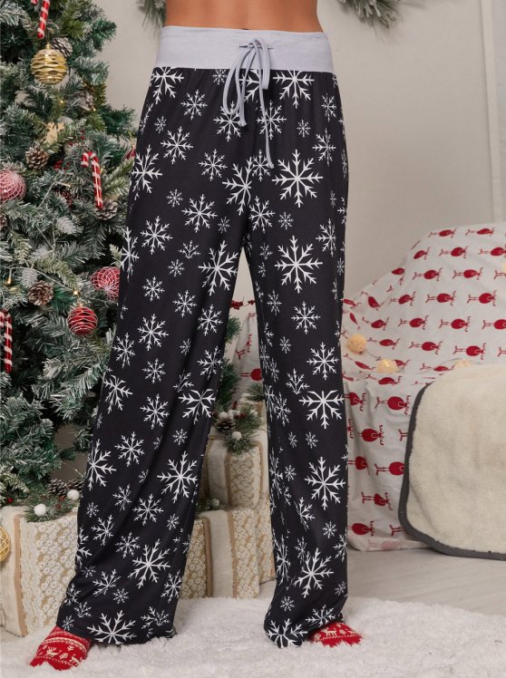 Drawstring Christmas Print Black Drawastring Pants