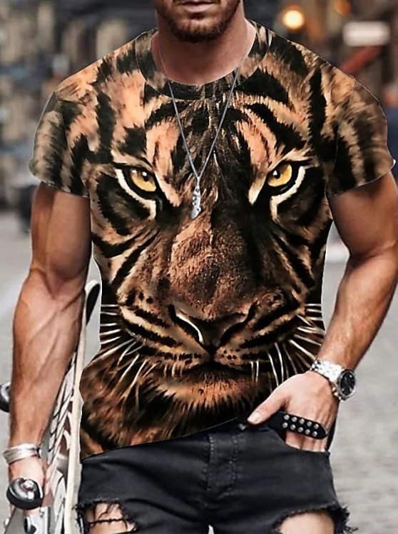 Tiger Casual Mens 3D Shirt | Brown Summer Cotton | Men'S Unisex Tee Animal Graphic Prints Crew Neck 3D Daily Holiday Short Sleeve Clothing Apparel Designer