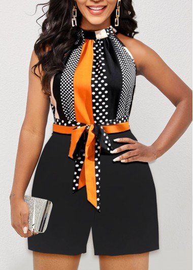 Button Striped Black Belted Short High Neck Romper