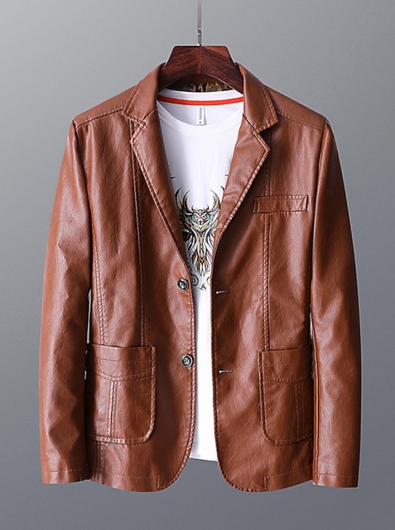 Men's Faux Leather Jacket Cocktail Attire Blazer Daily Wear Vacation Comfort Leisure Fall Winter PU Acetate Fiber Solid / Plain Color Pocket Warm Durable Single Breasted Blazer Black Red Brown