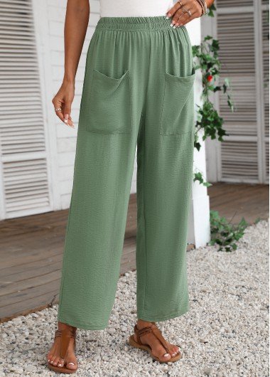 Pocket Sage Green Regular Elastic Waist Pants