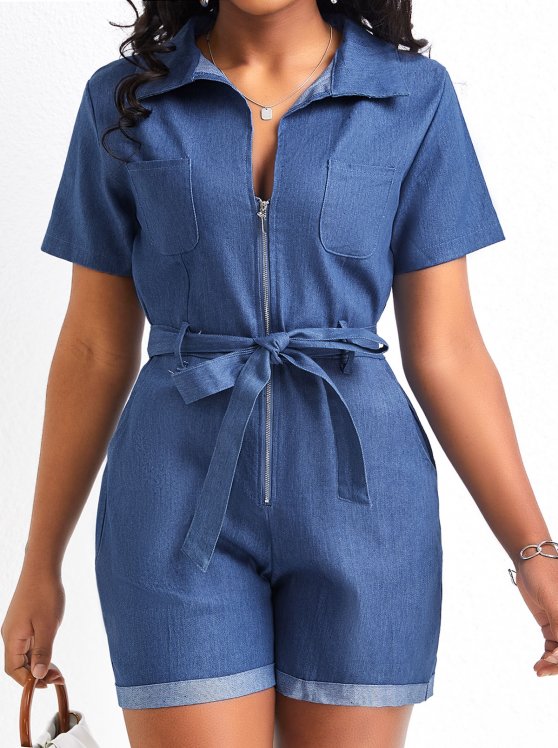 Pocket Denim Blue Belted Short Regular Romper