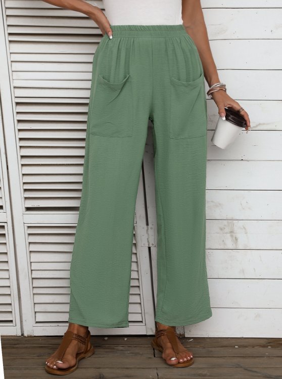 Pocket Sage Green Regular Elastic Waist Pants
