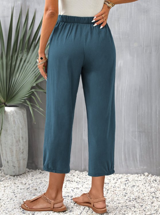 Pocket Peacock Blue Elastic Waist Pants