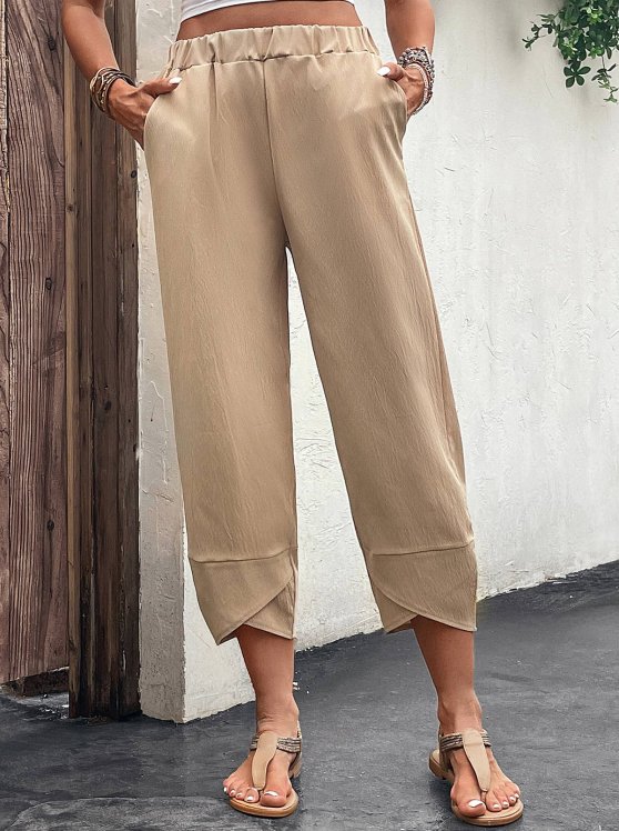Pocket Light Camel Elastic Waist High Waisted Pants