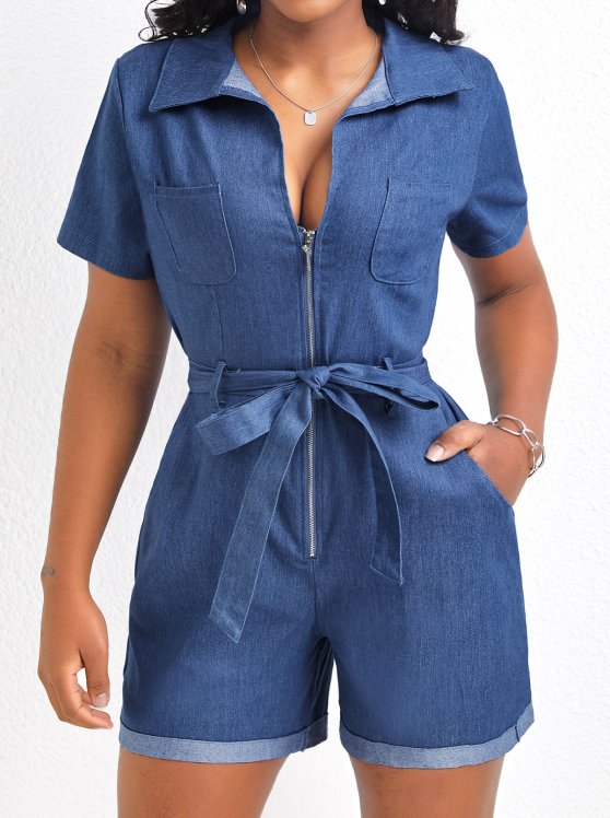 Pocket Denim Blue Belted Short Regular Romper