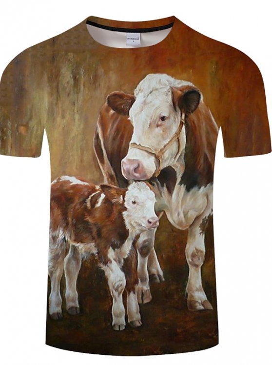Cow And Calf Casual Mens 3D Shirt | Brown Summer Cotton | Men'S Unisex Tee Animal Graphic Prints Crew Neck Red White Yellow Rainbow 3D Plus Size Daily Short