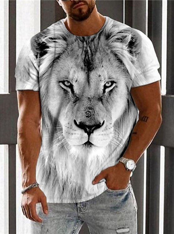 Lion Casual Mens 3D Shirt | White Summer Cotton | Men'S Unisex Tee Graphic Prints Crew Neck Gray 3D Daily Holiday Short Sleeve Clothing Apparel Designer Big And
