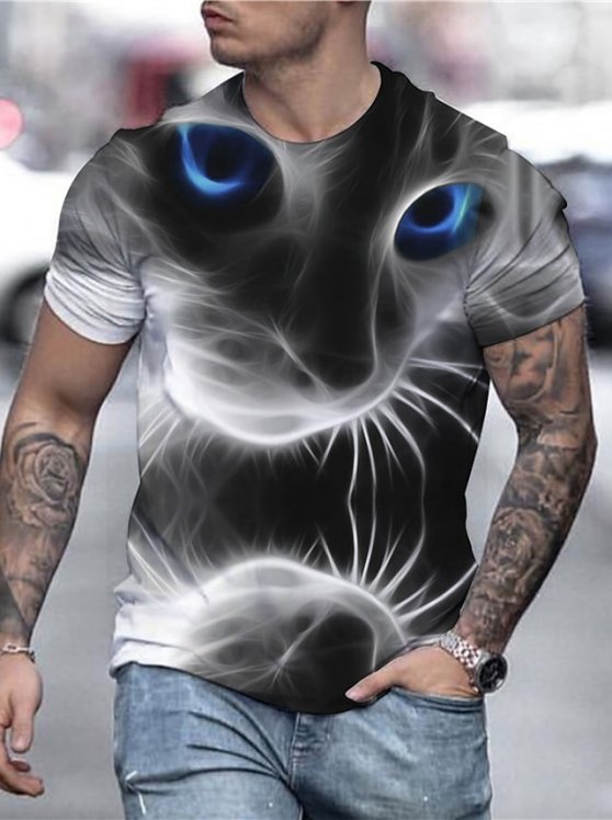 Cat Casual Mens 3D Shirt | Black Summer Cotton | Men'S Tee Graphic Animal Round Neck Gray 3D Print Plus Size Street Daily Short Sleeve Clothing Apparel