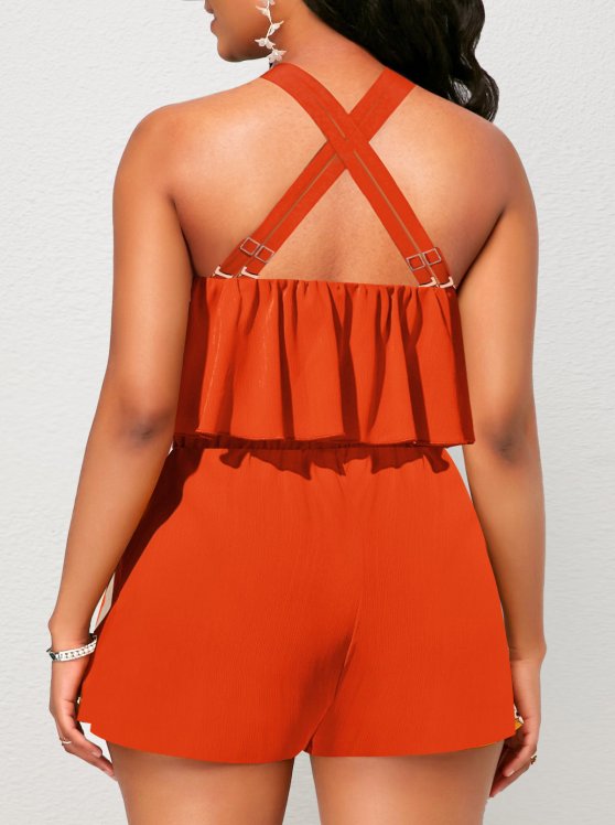 Ruffle Orange Short Cross Collar Sleeveless Romper