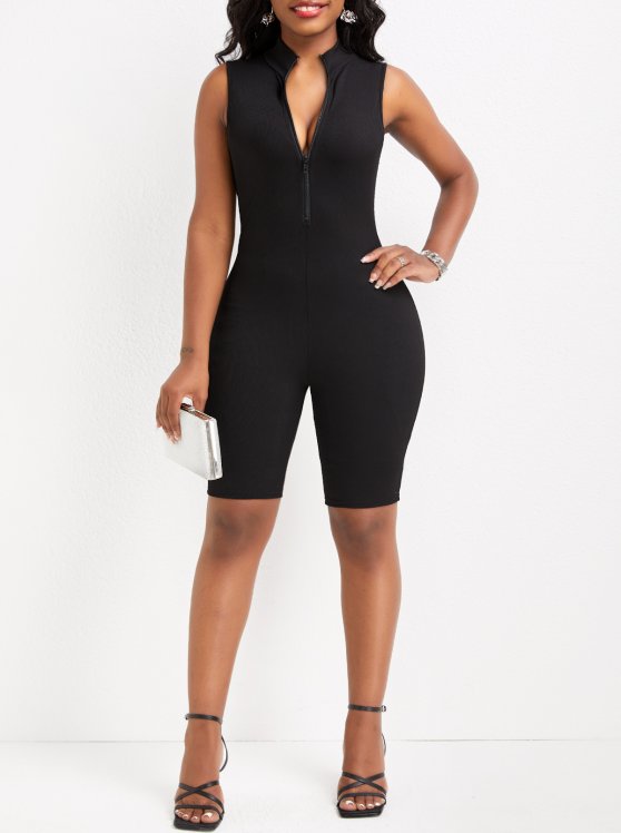 Zipper Black Short Skinny Sleeveless Romper
