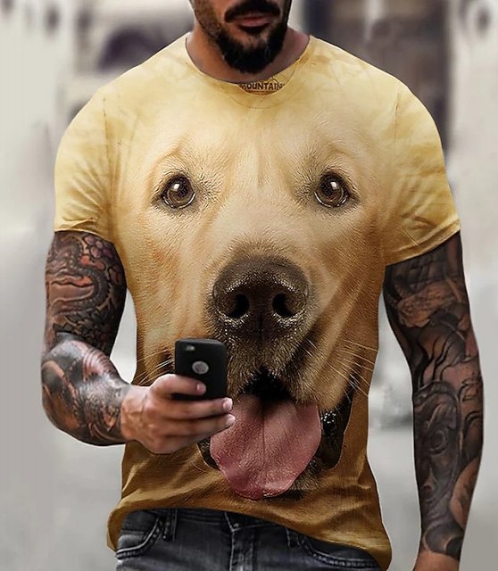 Dog Street Mens 3D Shirt | Black Summer Cotton | Men'S Tee Animal Round Neck Yellow 3D Print Plus Size Party Daily Short Sleeve Clothing Apparel Streetwear Chic &