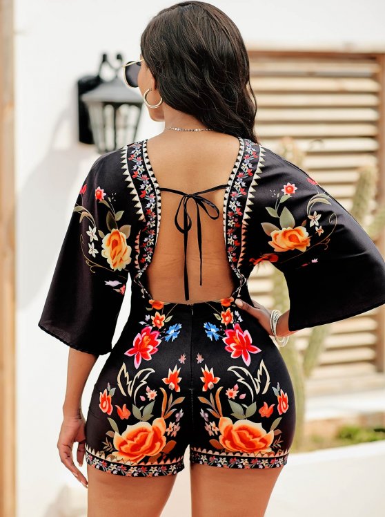 Floral Print Tie Back V Neck Romper