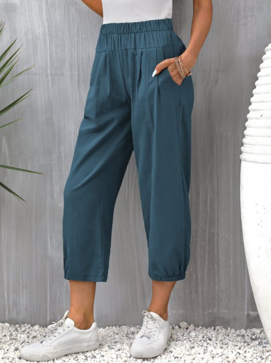 Pocket Peacock Blue Elastic Waist Pants