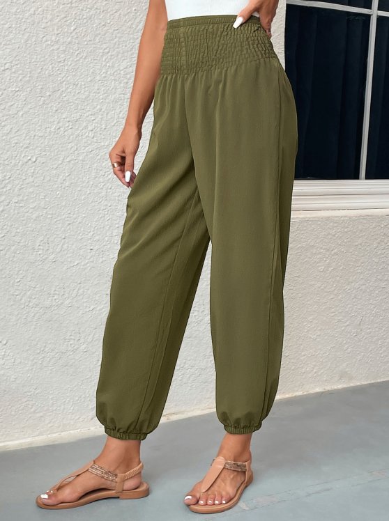 Smocked Blackish Green Regular Elastic Waist Pants