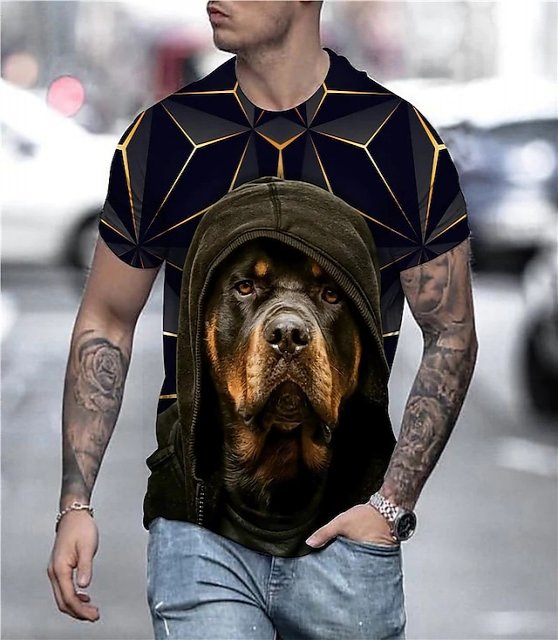 Dog Street Mens 3D Shirt | Black Summer Cotton | Men'S Tee Animal Round Neck Yellow 3D Print Plus Size Party Daily Short Sleeve Clothing Apparel Streetwear Chic &