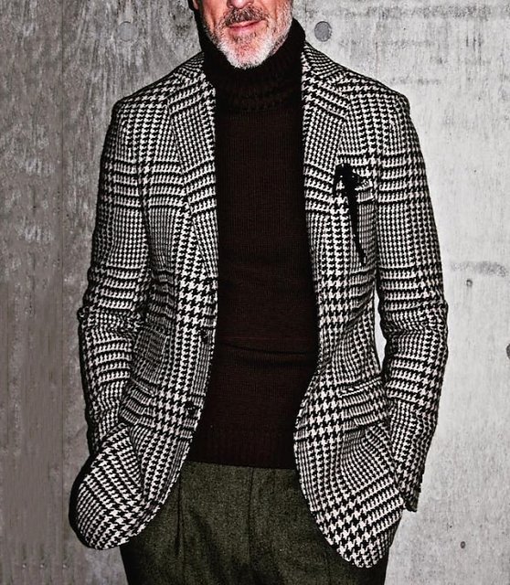 Men's Jacket Blazer Office Cocktail Attire Breathable Pocket Spring Fall Stripes and Plaid 1920s Formal Turndown Regular Regular Fit Black Jacket