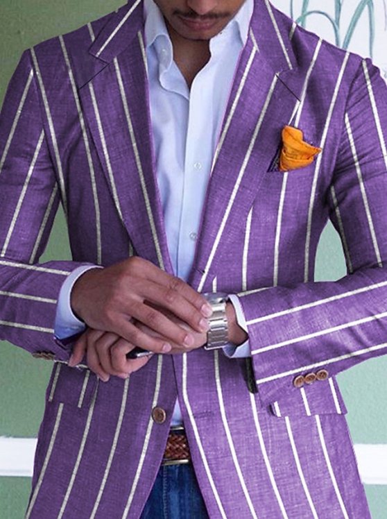 Men's Suits Blazer Formal Evening Wedding Party Birthday Party Fashion Casual Spring &  Fall Polyester Stripes Pocket Casual / Daily Single Breasted Blazer Purple