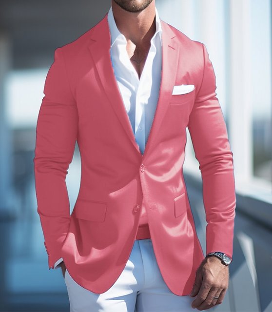 Men's Suits Cocktail Attire Blazer Business Formal Evening Wedding Party Fashion Casual Spring &  Fall Polyester Plain Pocket Casual / Daily Single Breasted Blazer Pink Blue Dark Blue