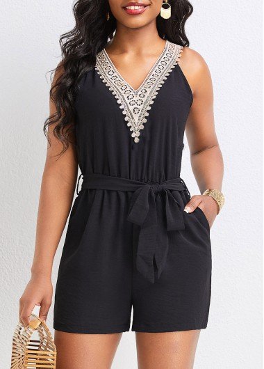 Patchwork Black Belted Short Regular V Neck Romper