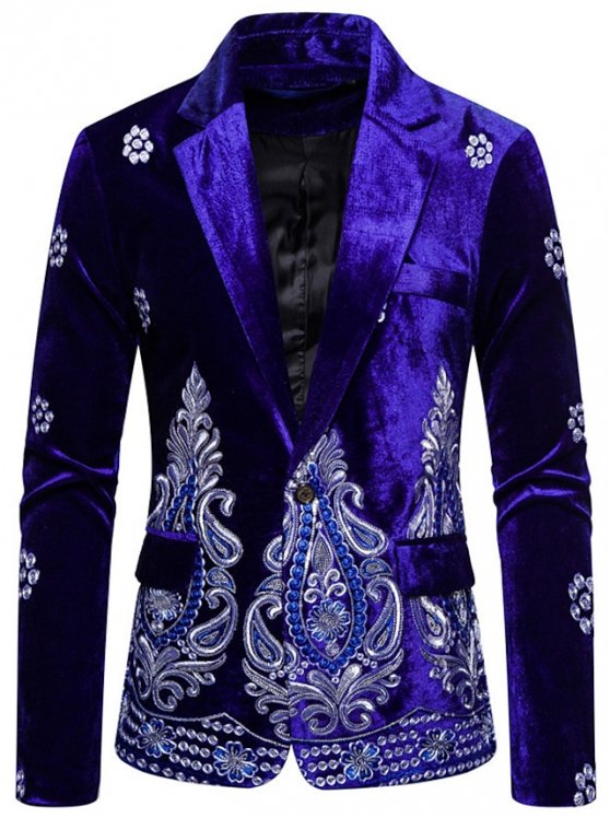 Men's Blazer Performance Ceremony Embroidered Pocket Fall Winter Floral Elegant & Luxurious Glamorous & Dramatic Regular Regular Fit Black Wine Royal Blue Jacket