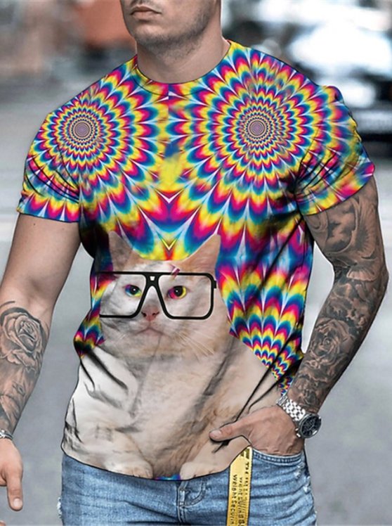 Cats Casual Mens 3D Shirt | Black Summer Cotton | Men'S Tee Funny Shirts Animal Crew Neck 3D Print Plus Size Daily Short Sleeve Clothing Apparel Designer Basic Slim Fit Big