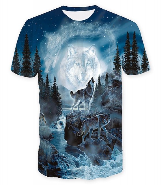 Men's Hipster Wolf 3d Printed T-shirt Printing Short Sleeve Fashion Summer Tee (blue, 2xl) 3D Animal Plus Size Round Neck Daily Holiday Tops