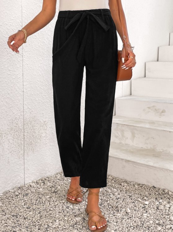 Bowknot Black Elastic Waist High Waisted Pants